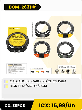 CADEADO DE CABO 5 DÍGITOS PARA BICICLETA/MOTO 80CM CX: 80PCS 1CX: 15,99/Un