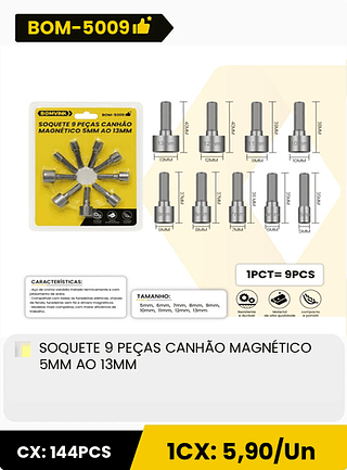 SOQUETE 9 PEÇAS CANHÃO MAGNÉTICO 5MM AO 13MM CX: 144PCS 1CX: 5,90/Un