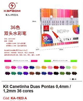 Kit Canetinha Duas Pontas 0,4mm / 1,2mm 36 cores R$ 10,8 PCS/CX: 40