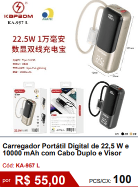 Carregador Portátil Digital de 22,5 W e 10000 mAh com Cabo Duplo e Visor R$ 49.50 PCS/CX: 100