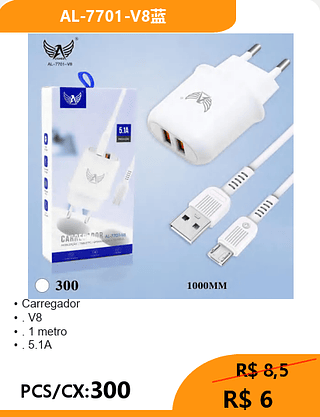 Carregador V8 PCS/CX:300 R$ 6