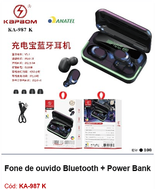 Fone de ouvido Bluetooth + Power Bank R$13,5 PCS/CX:100
