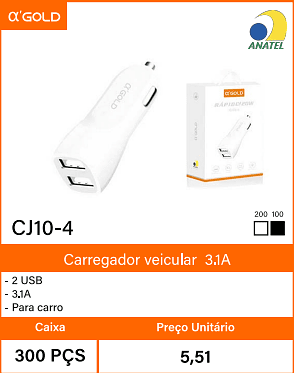 Carregador veicular 3.1A Caixa 300 PCS Preco Unitario 5,51