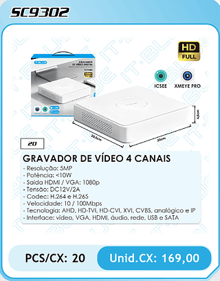 GRAVADOR DE VIDEO 4 CANAIS PCS/CX: 20 Unid.CX: 169,00