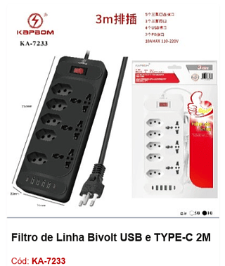 Filtro de Linha Bivolt USB e TYPE-C 2M R$ 34,2 PCS/CX: 60