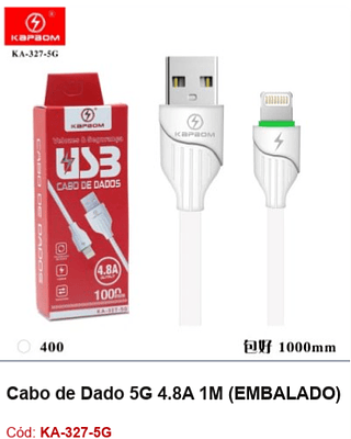 Cabo de Dado 5G 4.8A 1M R$ 2,88 Pcs/cx:400