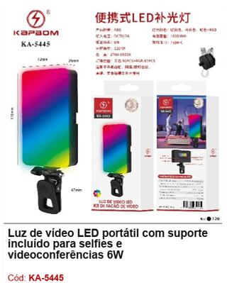 Luz de vídeo LED portátil com suporte incluído para selfies e videoconferências 6W R$ 16,2 PCS/Cx: 120