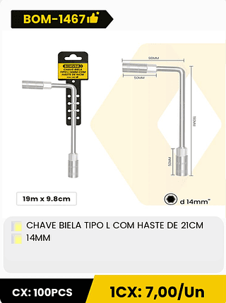 CHAVE BIELA TIPO L COM HASTE DE 21CM 14MM CX: 100PCS 1CX: 7,00/Un
