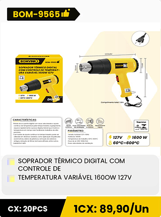 SOPRADOR TERMICO DIGITAL COM CONTROLE DE TEMPERATURA VARIÁVEL 160OW 127V CX: 20PCS 1CX: 89,90/Un