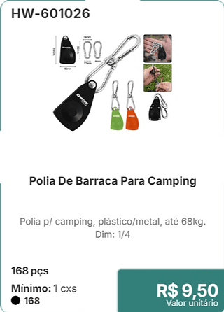 Polia De Barraca Para Camping 168 pcs R$ 9,50