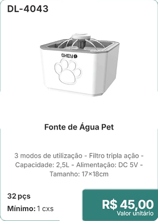 Fonte de Água Pet 32 pçs R$ 45.00