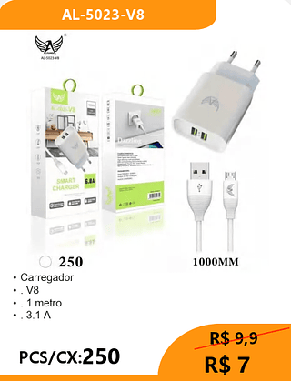 Carregador V8 PCS/CX:250 R$ 7