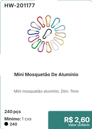Mini Mosquetão De Alumínio 240 pçs R$ 2,60