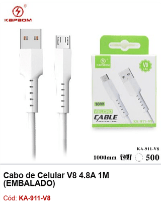 Cabo de Celular V8 4.8A 1M R$ 1,8 PCS/Cx:500
