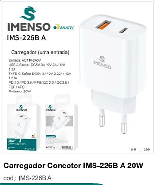 Carregador Conector 20W 100PC/CX R$12,6