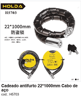 Cadeado antifurto 22*1000mm Cabo de aço R$ 24,3 PC/CX:40