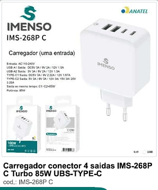 Carregador conector 4 saídas Turbo 85W UBS-TYPE-C 100PC/CX R$37,8