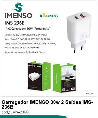 Carregador IMENSO 30w 2 Saídas 100PC/CX R$18
