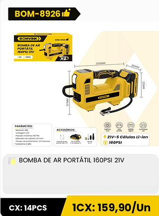 BOMBA DE AR PORTATIL 160PSI 21V CX: 14PCS 1CX: 159,90/Un