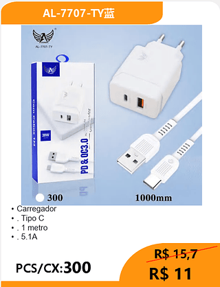 Carregador TIPO-C PCS/CX:300 R$ 11