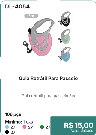 Guia Retrátil Para Passeio 108 pçs R$ 15.00
