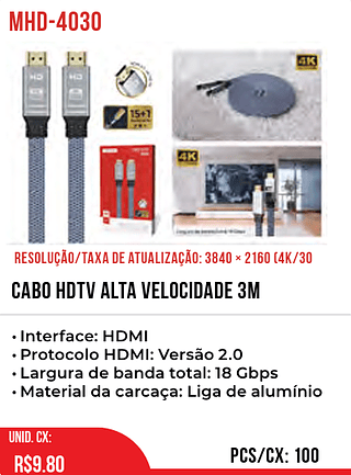 Cabo HDTV Alta Velocidade 3M 100pç=9,8$