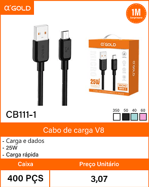 Cabo de carga V8 Caixa 400 PCS Preco Unitario 3,07