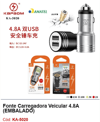 Fonte Carregadora Veicular 4.8A R$ 5,85 PCS/CX:300