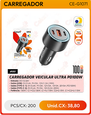 CARREGADOR VEICULAR ULTRA PD100W PCS/CX: 200 Unid.CX: 38,80