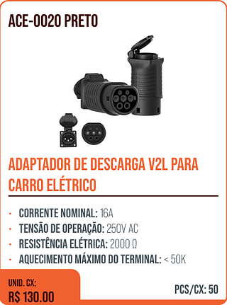 ADAPTADOR DE DESCARGA V2L PARA CARRO ELÉTRICO UNID. CX: R$ 130.00 PCS/CX: 50