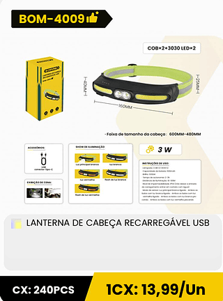 LANTERNA DE CABEÇA RECARREGÁVEL USB CX: 240PCS 1CX: 13,99/Un