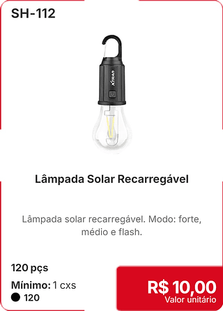 Lâmpada Solar Recarregável 120 pçs R$ 10,00