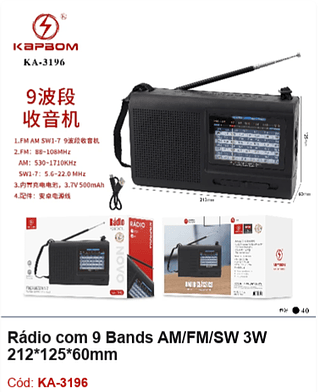 Rádio com 9 Bands AM/FM/SW 3W 212*125*60mm R$35,1 PCS/CX:40