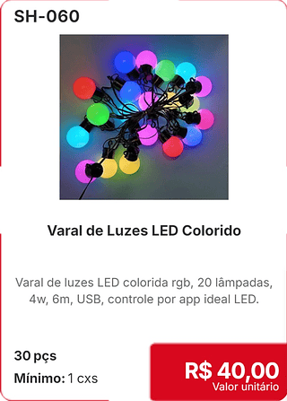 Varal de Luzes LED Colorido 30 pçs R$ 40,00