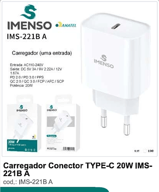 Carregador Conector TYPE-C 20W 100PC/CX R$10,8