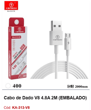 Cabo de Dado V8 4.8A 2M R$ 2,7 PCs/cx:400