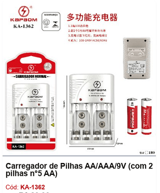 Carregador de Pilhas AA/AAA/9V (com 2 pilhas n°5 AA) R$ 18,9 PCS/CX: 100