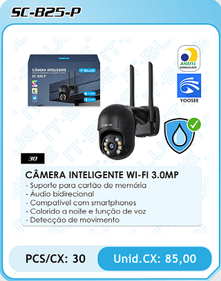 CÂMERA INTELIGENTE WI-FI 3.0MP PCS/CX: 30 Unid.CX: 85,00