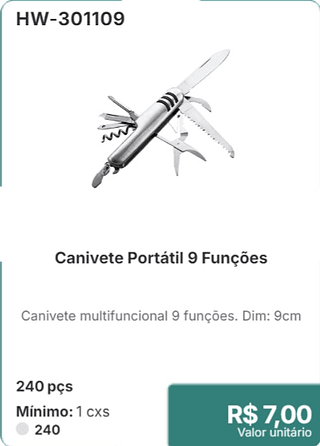 Canivete Portátil 9 Funções 240 pçs R$ 7,00
