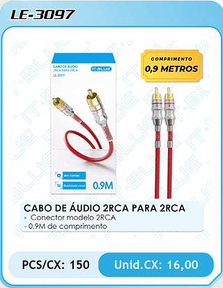 CABO DE ÁUDIO 2RCA PARA 2RCA - Conector modelo 2RCA - 0,9M de comprimento PCS/CX: 150 Unid.CX: 16,00