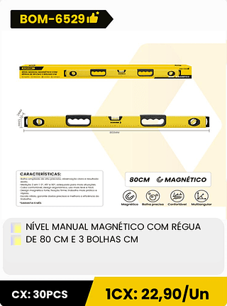 NÍVEL MANUAL MAGNÉTICO COM RÉGUA DE 80 CM E 3 BOLHAS CM CX: 30PCS 1CX: 22,90/Un