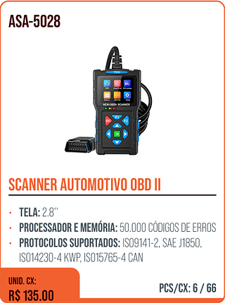 SCANNER AUTOMOTIVO OBD II UNID. CX: R$ 135.00 PCS/CX: 6
