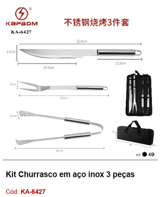 Kit Churrasco em aço inox 3 peças R$ 27 PCS/Cx: 40