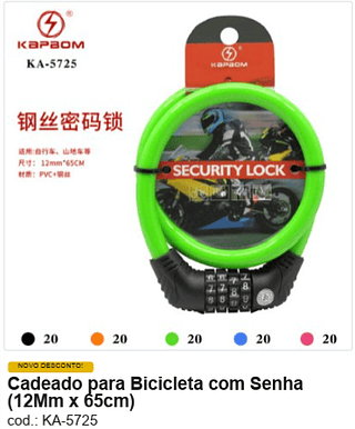 Cadeado para Bicicleta com Senha (12Mm x 65cm) R$ 9 PC/CX:100