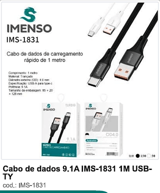 Cabo de dados 9.1A 1M USB-TY 200PC/CX R$5,4