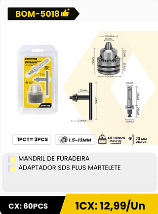 MANDRIL DE FURADEIRA ADAPTADOR SDS PLUS MARTELETE CX: 60PCS 1CX: 12,99/Un