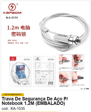 Trava De Segurança De Aço P/ Notebook 1.2M R$ 10,35 PC/CX:200