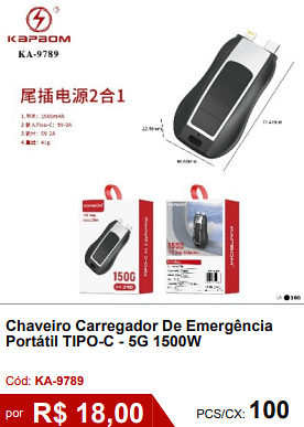 Chaveiro Carregador De Emergência Portátil TIPO-C - 5G 1500W R$ 16.20 PCS/CX: 100