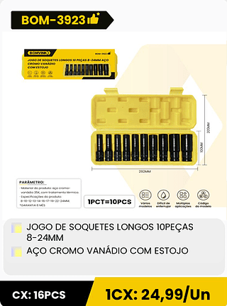 JOGO DE SOQUETES LONGOS 10PEÇAS 8-24MM AÇO CROMO VANÁDIO COM ESTOJO CX: 16PCS 1CX: 24,99/Un