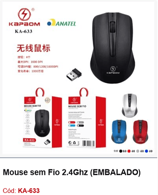 Mouse sem Fio 2.4Ghz R$10,8 PCS/cx:200